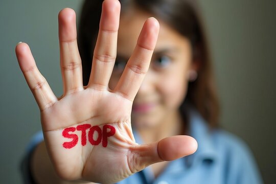 Powerful Message Against Domestic Violence and Child Abuse: Close-Up Photo of Girl's Hand Holding Stop Sign.