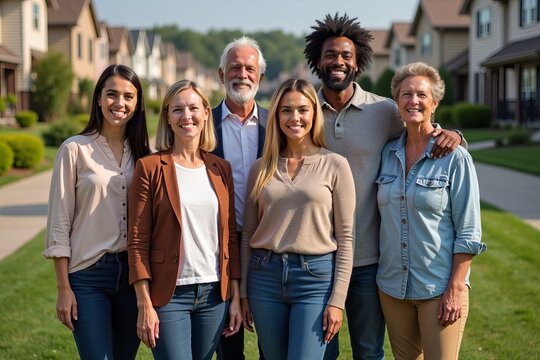 Unity and Collaboration: Aerial View of Diverse Homeowners and HOA Board Members Standing Together in Suburban Neighborhood