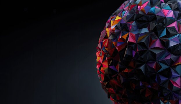 Abstract textured sphere of colorful triangles on a dark gray background