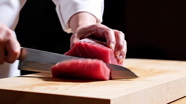 Chef Slicing Fresh Tuna Steak on Wooden Cutting Board.