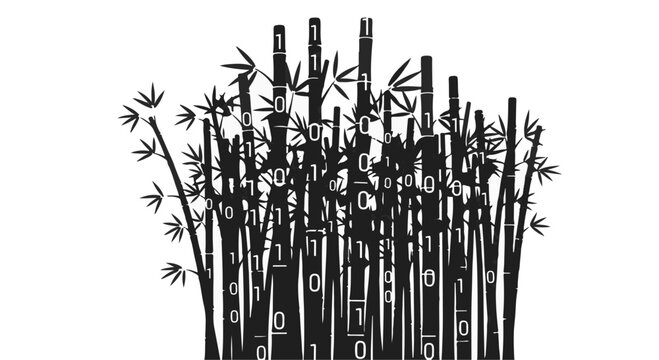 Digital bamboo forest with binary code elements symbolizing technology and nature fusion.