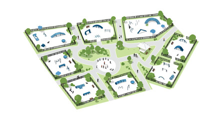 Naklejka premium Isometric vector illustration of a modern skate park layout with multiple sections, ramps, and obstacles, surrounded by green trees and paths, ideal for urban sports and recreation design