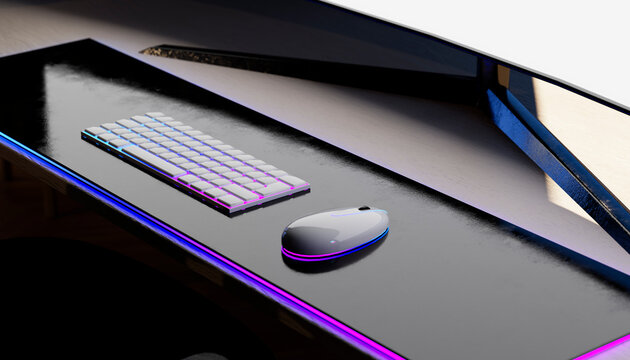 Modern minimalist desk with keyboard mouse and pc in creative workspace