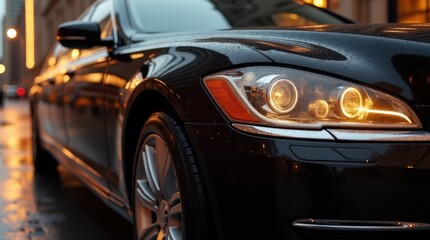Fototapeta premium Close-up of a luxurious black limousine on a wet street at dusk with glowing headlights, photorealistic, black and gold, for a luxury concept.