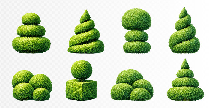 Topiary bush set with spiral, rounded and geometric forms in elegant watercolor garden style, decorative green clipart collection for landscaping plans, parks and outdoor design projects. Vector