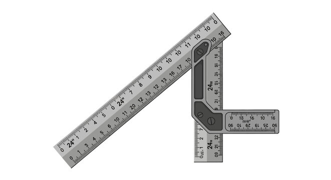 Close-up of a metal T-square ruler on a white background with measurements and markings.