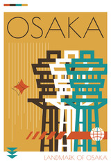 Obraz premium Osaka landmark poster in retro futurism style. Vintage printable vector cover, postcard, illustration. Futuristic, halftone Japan city art with iconic monument, building
