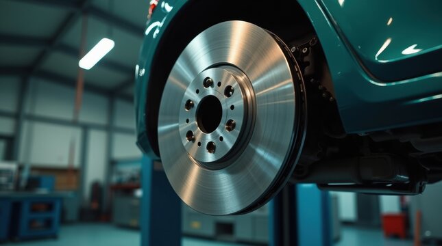 Close-up of a new steel car brake disc rotor in a workshop, industrial photography, teal and orange, for automotive repair concepts.

