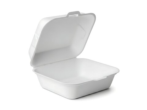 A white styrofoam takeout container with the lid open
