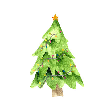 Watercolored Christmas Tree clipart with star and lights