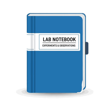 A blue lab notebook with a white label on a plain white background with a subtle shadow underneath.