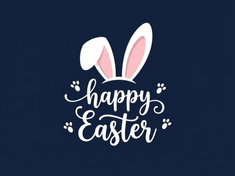 Happy easter greeting card with bunny ears and paw prints on a dark blue background