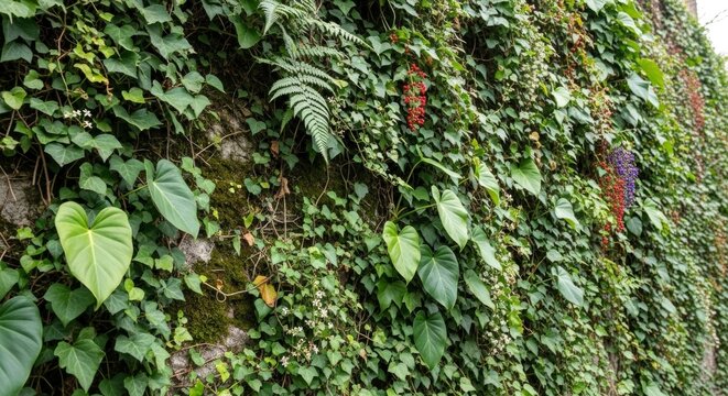 Green plant wall with lush foliage.