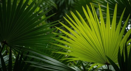 Fototapeta premium Palm leaves in natural sunlight filtering.