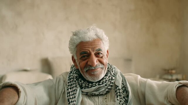 Passionate elderly Arab man celebrating victory. Excitement and joy visible. Traditional keffiyeh scarf. Determined expression, raising fist. Middle Eastern culture.
