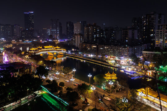 Night cityscape with anshun bridge and river in Chengdu, China