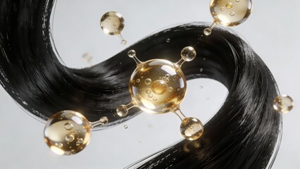 Obraz premium Jet-black hair strands interweave with golden molecular structure nourishing liquid, intuitively showing the technological nourishment and strong glossy texture of hair care, making it a material imag