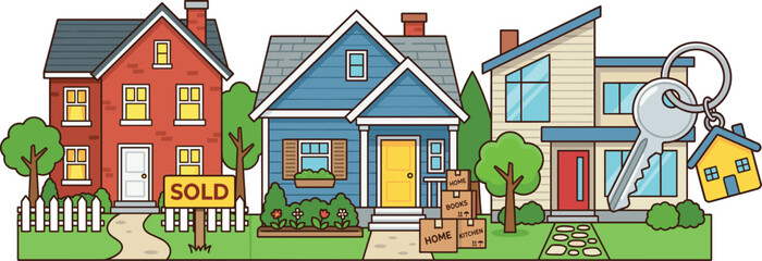 Naklejka premium Real Estate and House Moving Vector Set with Suburban Homes Sold Sign Moving Boxes and House Key for Property Sales and Relocation Agency Designs