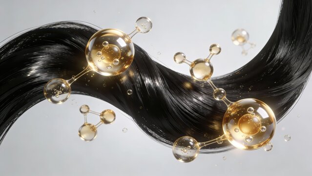 Jet-black hair strands interweave with golden molecular structure nourishing liquid, intuitively showing the technological nourishment and strong glossy texture of hair care, making it a material imag