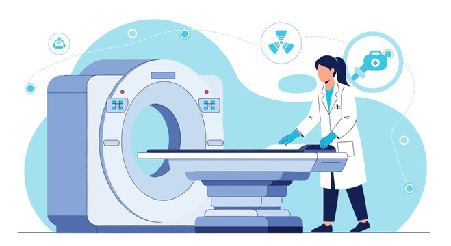 Medical professional operating CT scanner, advanced diagnostic imaging technology in hospital