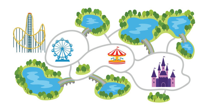Amusement Park Map Vector Illustration with Roller Coaster, Ferris Wheel, Carousel, Castle, and Lakes for Theme Park Design