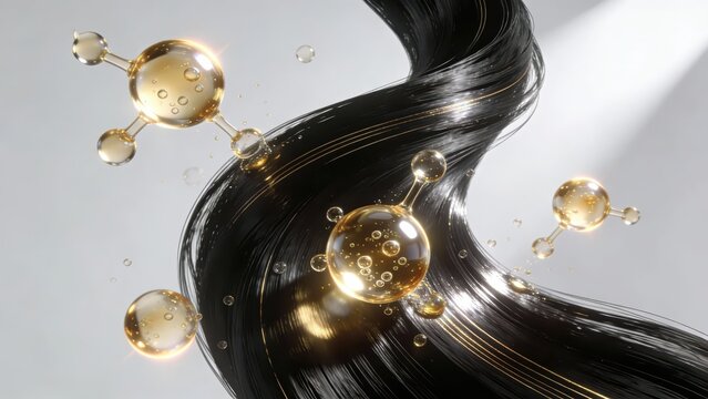 Jet-black hair strands interweave with golden molecular structure nourishing liquid, intuitively showing the technological nourishment and strong glossy texture of hair care, making it a material imag