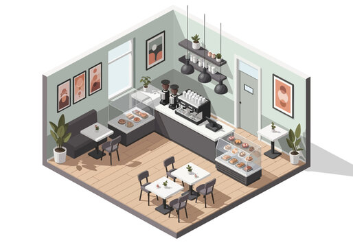 Isometric view of a cozy coffee shop interior with seating, espresso machine, and display case filled with pastries