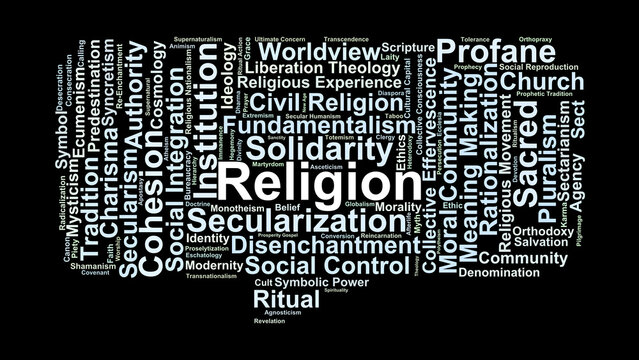 Religion Word Cloud. A Visual Mapping of Sacred Institutions, Ritual Practices, Secularization Trends, and the Role of Faith in Shaping Collective Identity and Social Order.