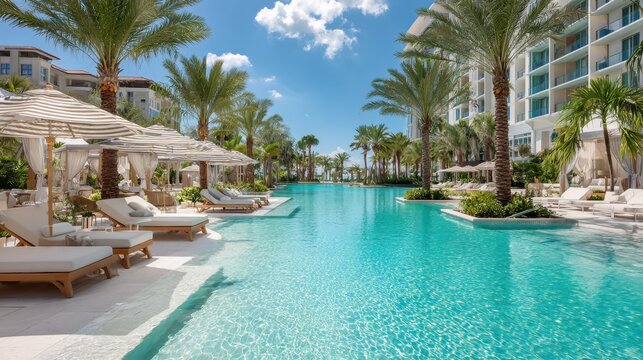 Sunlit luxury resort pool with crystal-clear water, palm shade, and expansive copyspace for a serene hotel vacation scene