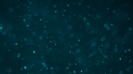 Obraz premium Dark blue underwater background with floating particles, soft bokeh, and tiny bubbles. Concept for overlay effects, spa and beauty industries, perfumes and cosmetics advertising, holiday, branding