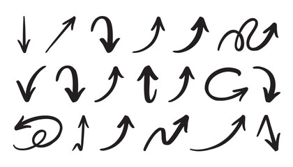 Fototapeta premium Hand drawn Arrows doodle icons set. Curved cartoon arrows sketches collection. Flat and thin pointers illustrations. Scribble swirl arrow signs.