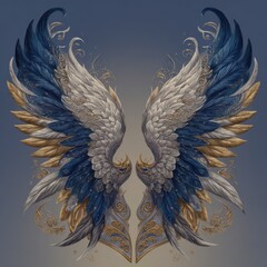Obraz premium Symmetrical wing crest illustration: ornate heraldic emblem with golden and silver feathers