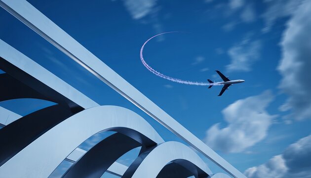 Modern Architecture and Airplane Creating a Circle Trail in the Sky with a Blue Backdrop and Clouds