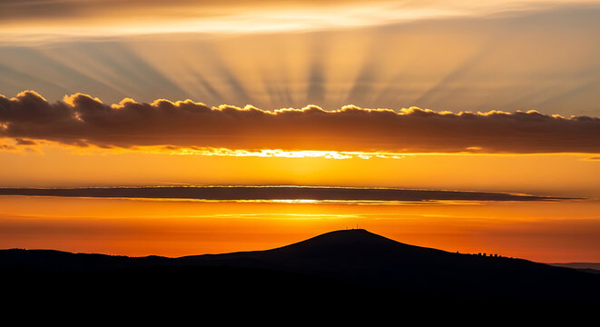 sunset over mountain with sun rays through clouds