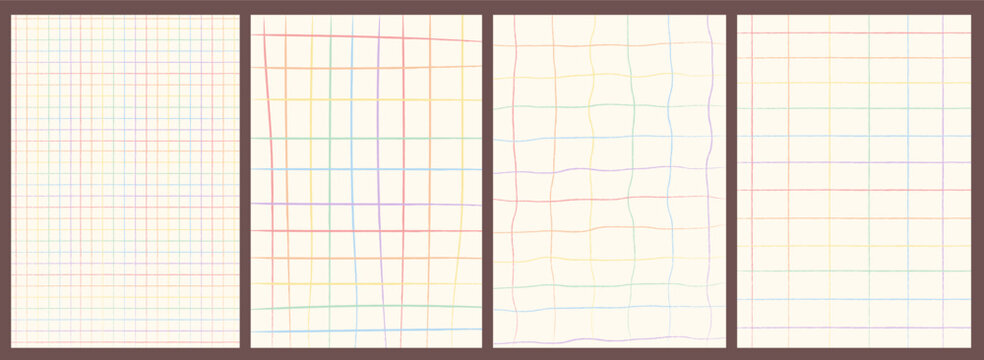 Retro pastel rainbow grid pattern set. Soft muted hand drawn checkered line backgrounds. Funky textured LGBTQ pride wallpaper collection for digital paper, prints, decor and graphic design.