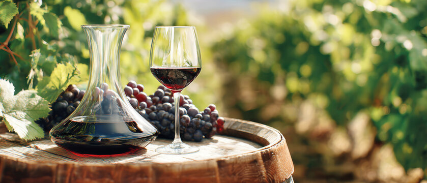 Clear wine decanter and glass rest on an old wooden barrel. Ripe grape vines and green leaves fill the background, illuminated by bright sunlight