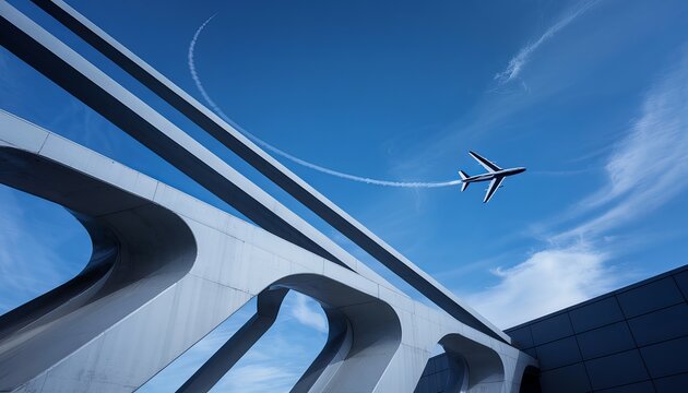 A striking low angle view captures a sleek modern airplane executing a sharp turn leaving a white contrail against the bright blue sky near architectural elements.