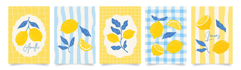 Set of citrus fruits italian posters. Amalfi. Summer mediterranean print with hand drawn yellow lemon and blue leaves.  Vacation in Italy. Vector design for card, banner, kitchen, menu, cover. © Anna Bova