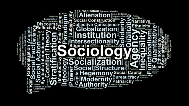 Sociology Word Cloud. A professional collection of essential keywords defining social structures, theoretical paradigms, and the systematic study of human society and institutions.