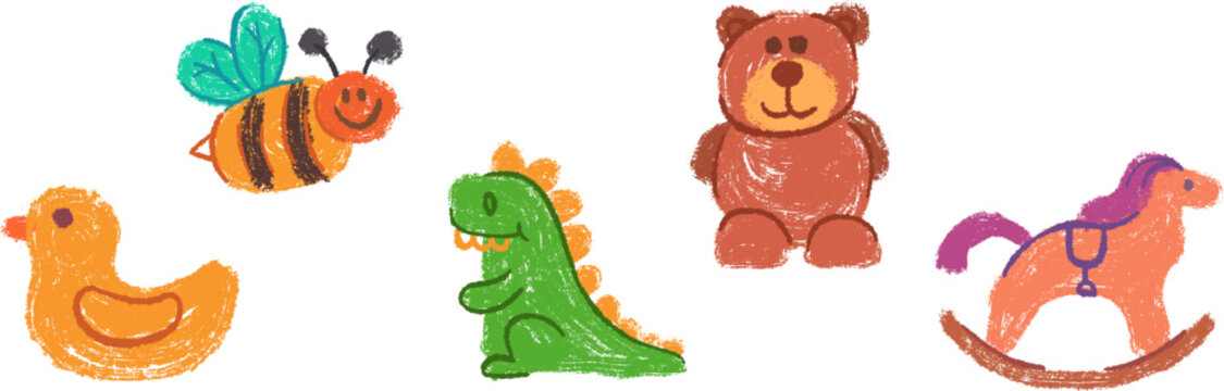 Set of textured children toys in crayon and pastel art style. Collection includes an orange duck, smiling bee, green dinosaur, brown teddy bear, and pink rocking horse. These cute and playful illustra