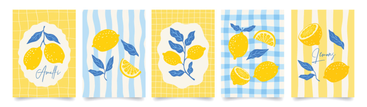Set of citrus fruits italian posters. Amalfi. Summer mediterranean print with hand drawn yellow lemon and blue leaves.  Vacation in Italy. Vector design for card, banner, kitchen, menu, cover.