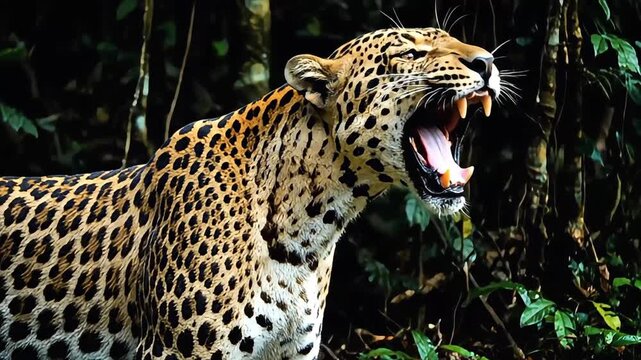 Majestic leopard roars with fangs bared in lush jungle habitat