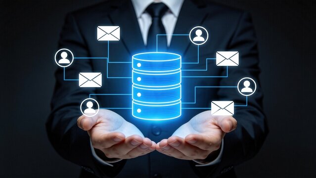 Businessman holding virtual database with email and user icons,secure data storage and cloud server management concept for enterprise information system