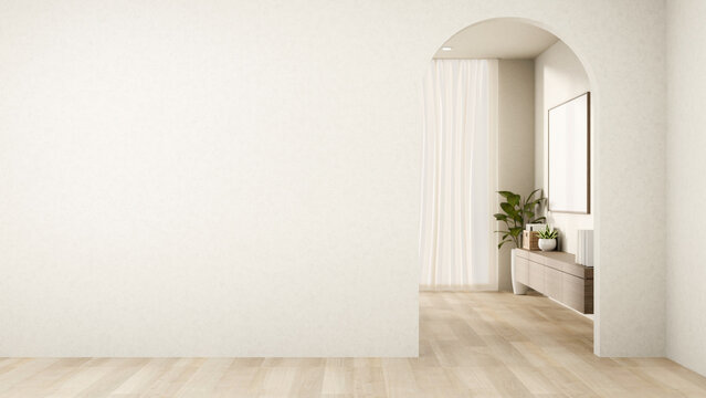 Empty white wall and wooden parquet floor corridor with arch doorway to other room in a modern house