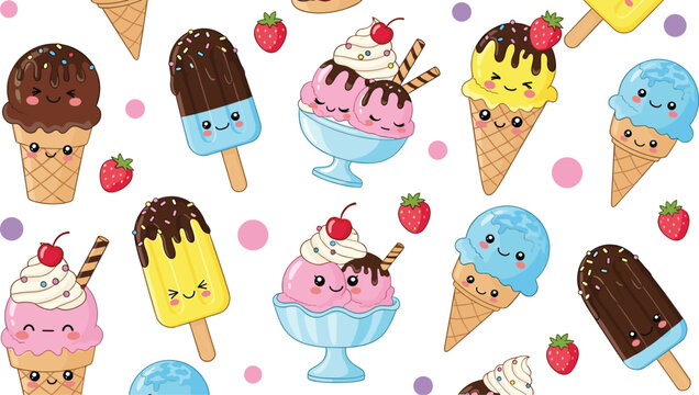 Cute Kawaii Ice Cream Seamless Pattern with Smiling Cartoon Cones, Popsicles, Strawberries, and Sweet Dessert Characters on White Background for Kids Design