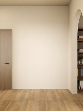 Empty white wall and wooden door over parquet floor and arch doorway to other room in a modern house