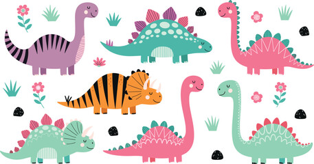 Cute and Colorful Dinosaur Set with Various Dinosaur Species in Cartoon Style for Kids’ Art, Nursery, and Wildlife Illustrations © MstAkhlima