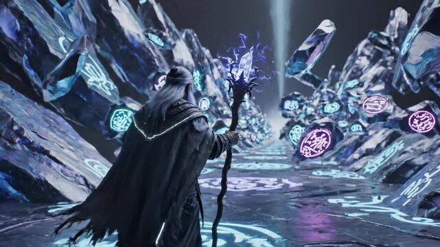 Mystical Wizard in a Dark Fantasy World with Glowing Runes.