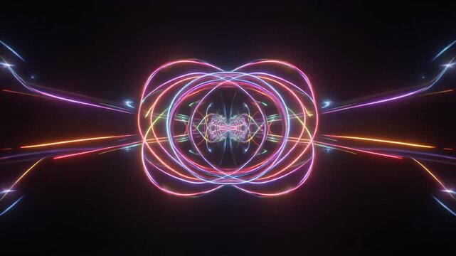 Abstract colorfull void with many atom glowing energy ribbon simetrical 