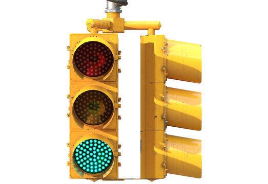 Front view of a yellow traffic light box with illuminated green signal on transparent background suitable for graphic design and urban themed projects